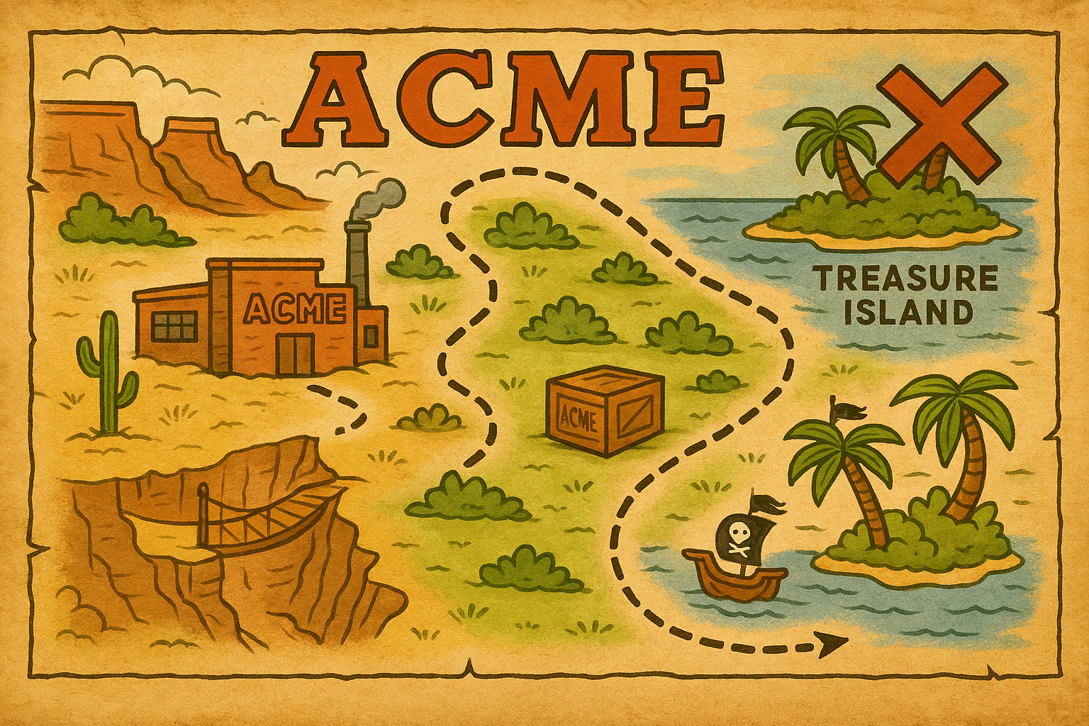 A map with a dotted line showing that X marks the spot.